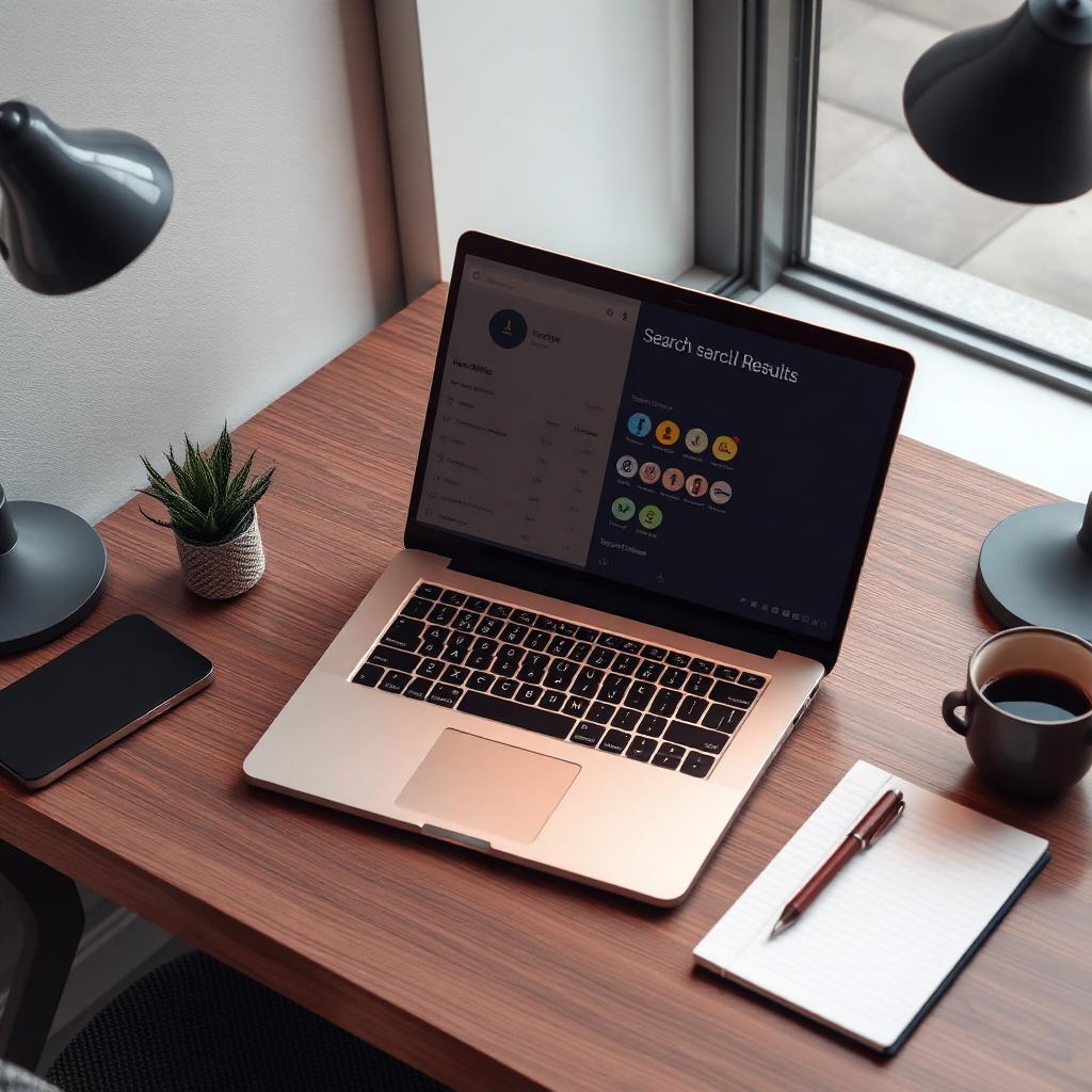 Small business owner's desk with laptop showing AI search results and citation badges
