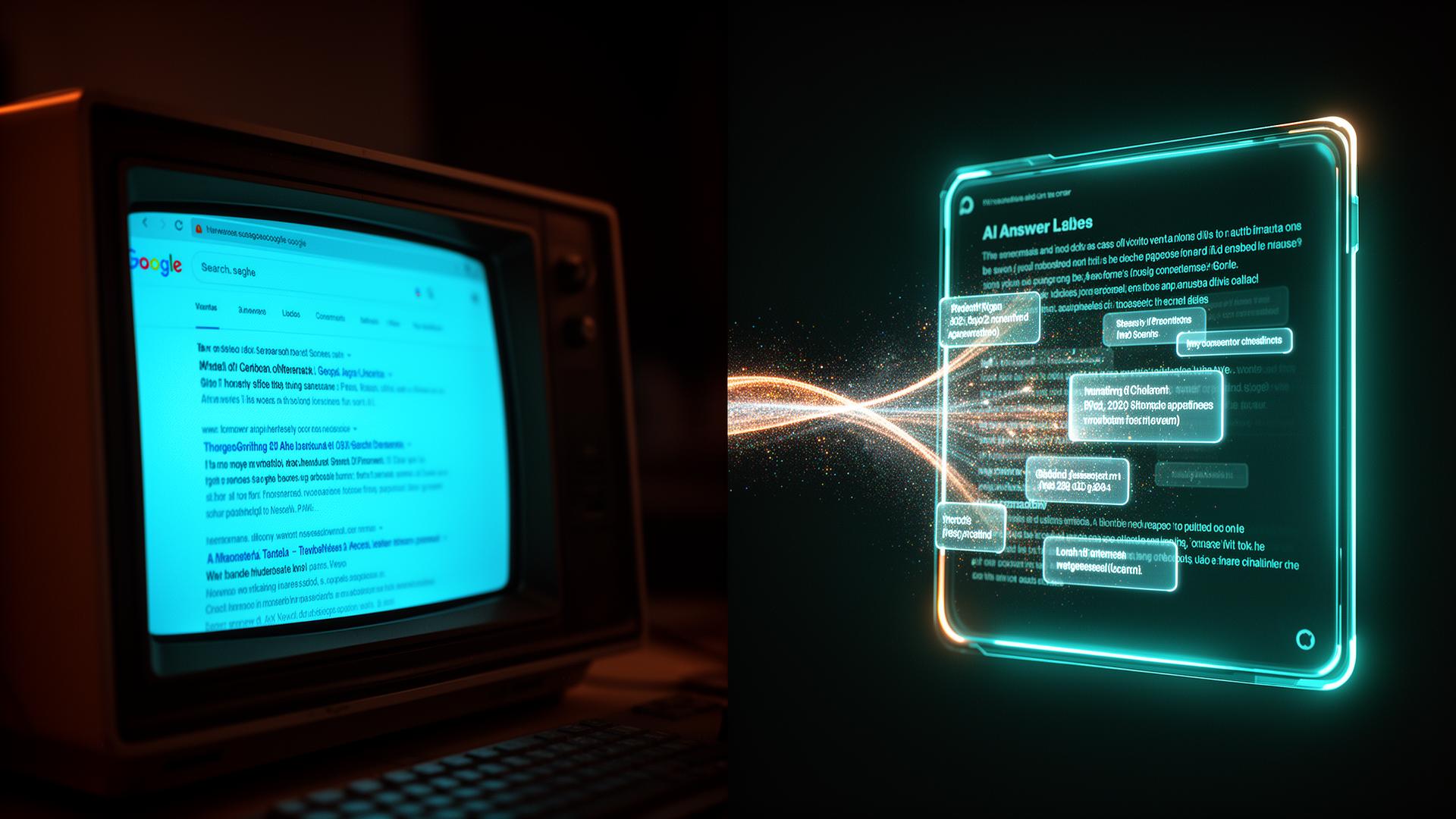 Side-by-side illustration of an AI Overview answer box next to a ChatGPT response citing a brand